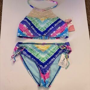 Hobie Girls Tie-Dye Print Bikini with Crochet Neckline (Size 14) New with Tags